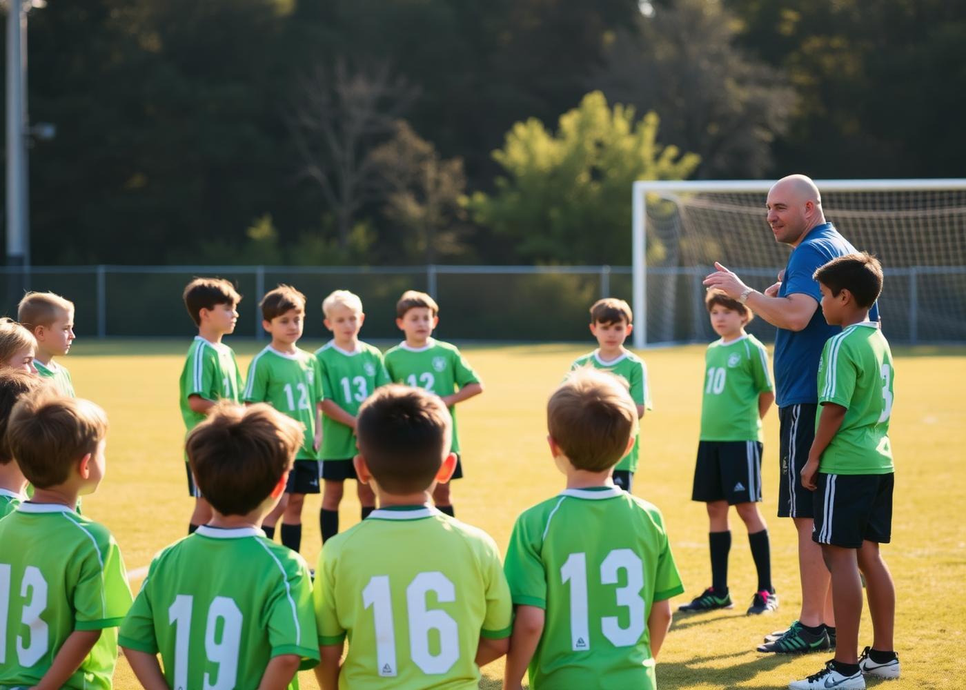 A coach addresses a circle of youth players in green jerseys on a sunlit grass field.